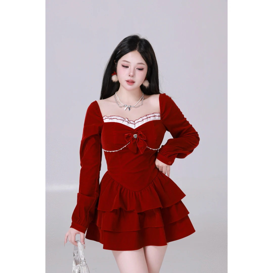 现现MengFairy【香榭罗曼史】圣诞秋冬感收腰丝绒连衣裙&套装4138