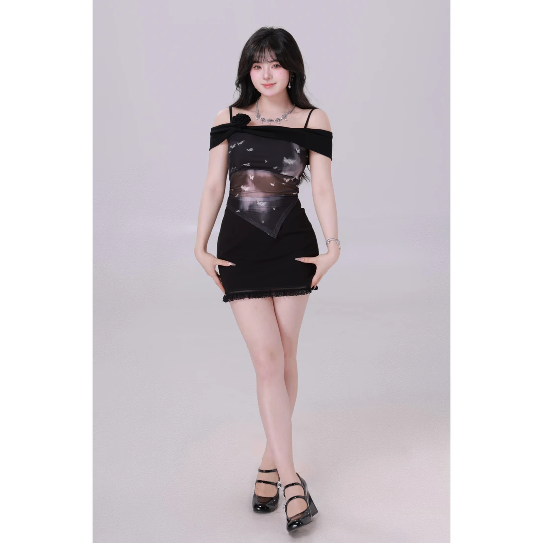 清清MengFairy 【星野玫瑰】纯欲辣妹性感吊带高腰半身裙套装2913M