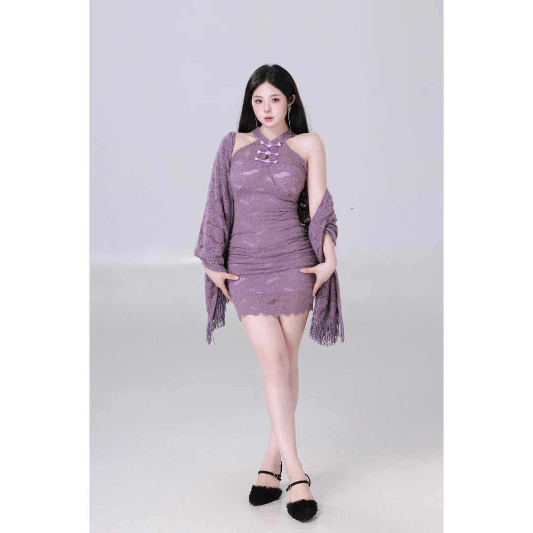 MengFairy【紫鸢】新中式精致挂脖修身连衣裙同色显瘦披肩套装