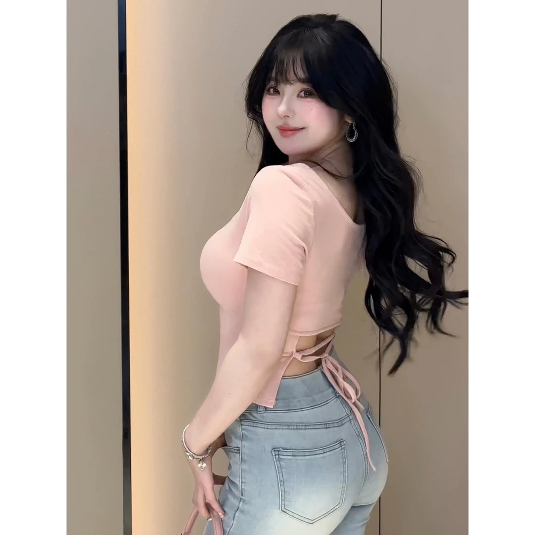 清清MengFairy 【娇漫韩女】纯欲方领设计感清凉短袖T恤上衣2922M