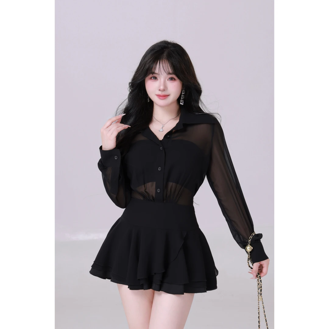 清清MengFairy 【若隐若现】气质长袖显瘦高腰微透女装连衣裙2960M