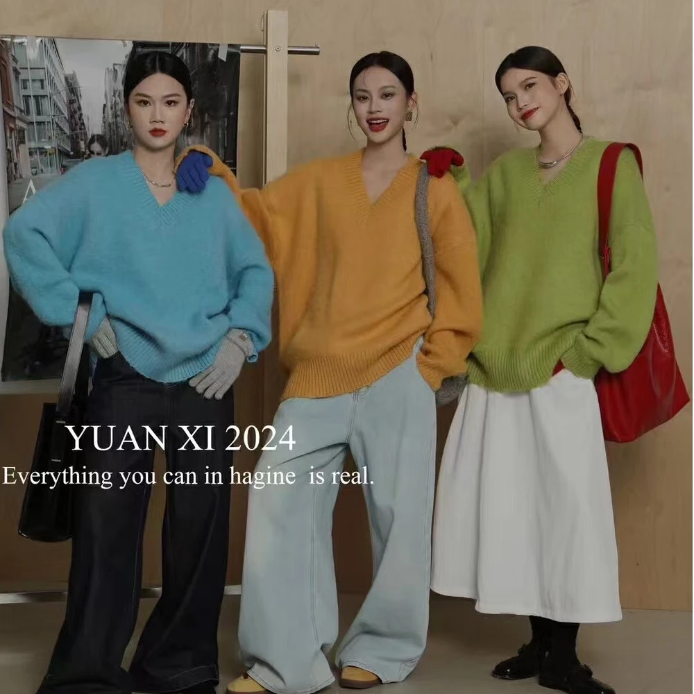 港味复古软糯加厚V领毛衣女秋冬宽松小个子复古慵懒风显瘦针织衫