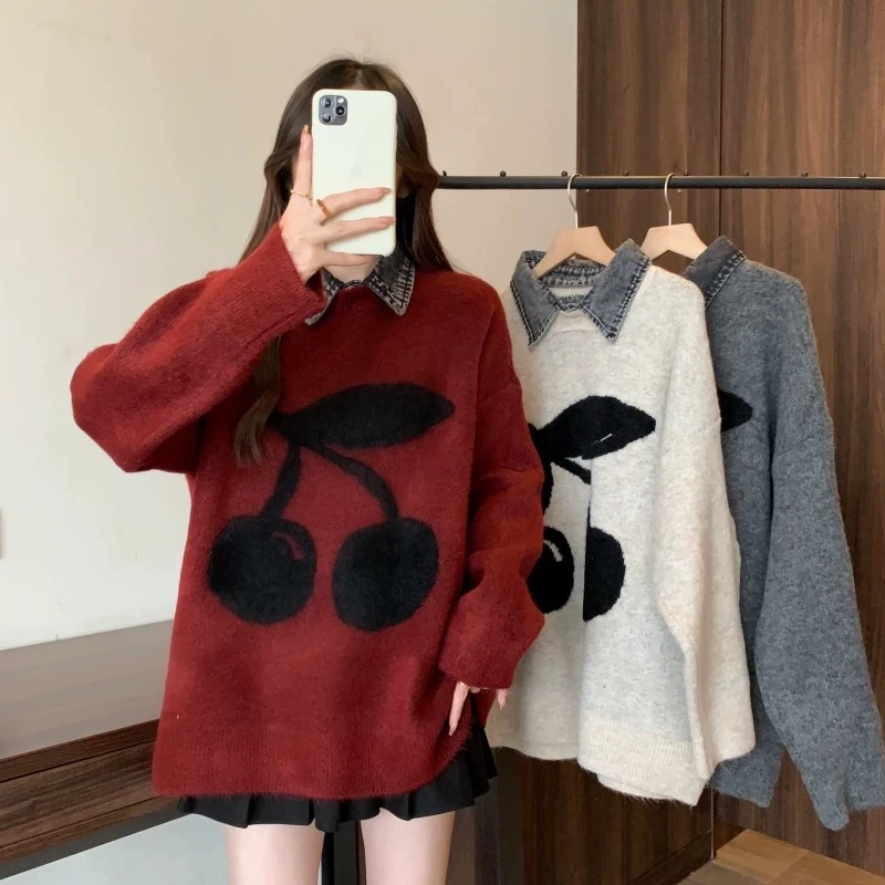 2025韩系樱桃刺绣毛衣女春秋冬慵懒风宽松套头针织衫上衣