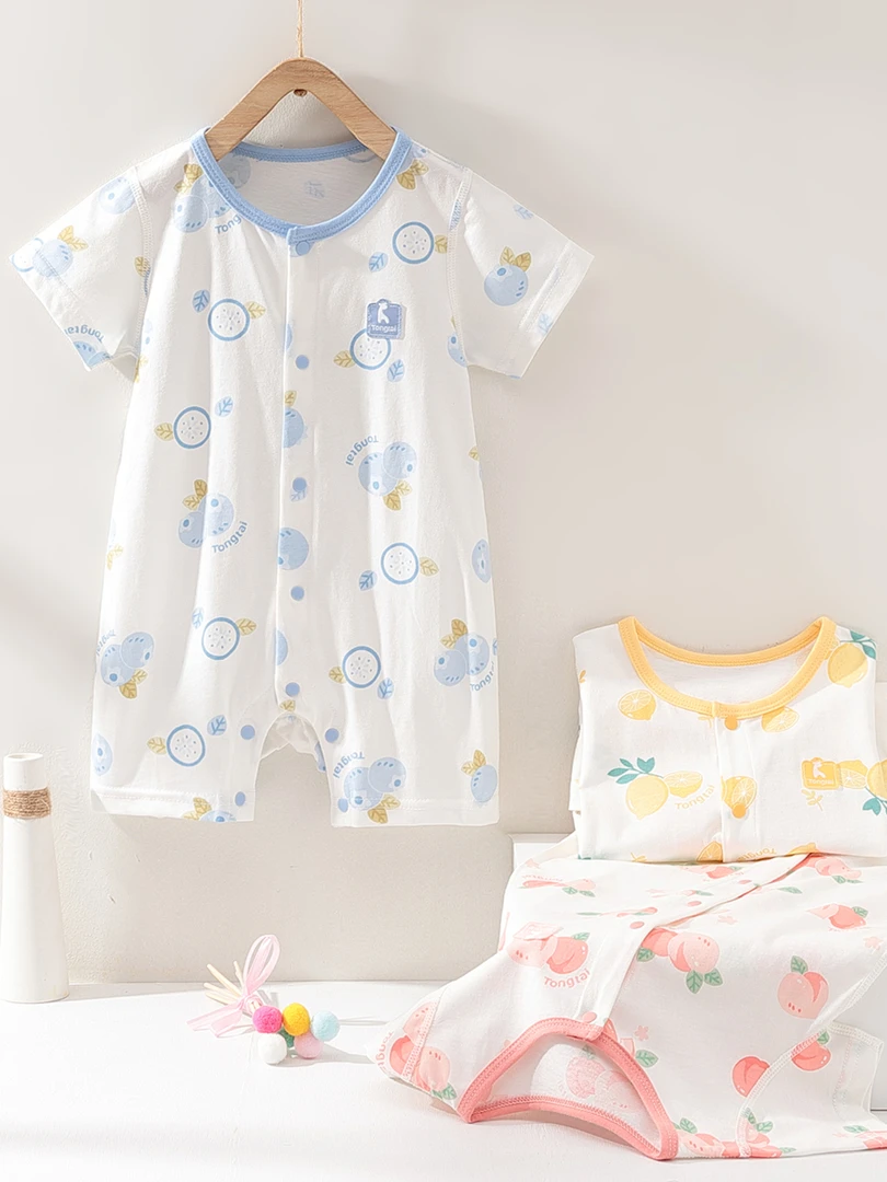 Tongtai/童泰夏季婴儿连体衣纯棉无骨薄款无骨短袖爬爬服夏空调服