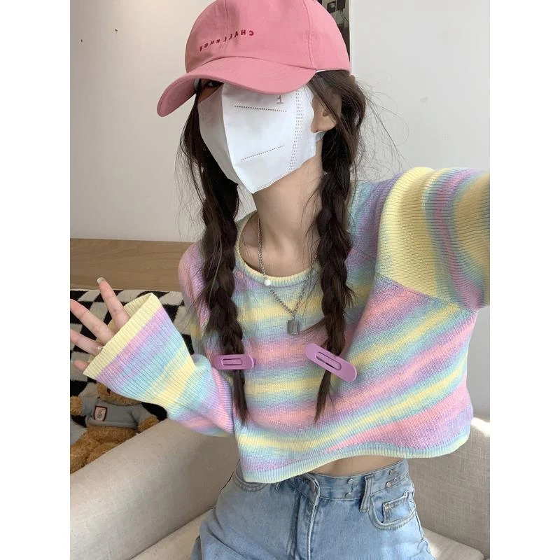 扎染彩色条纹短款长袖针织衫女秋季宽松显瘦毛衣内搭打底衫上衣bm