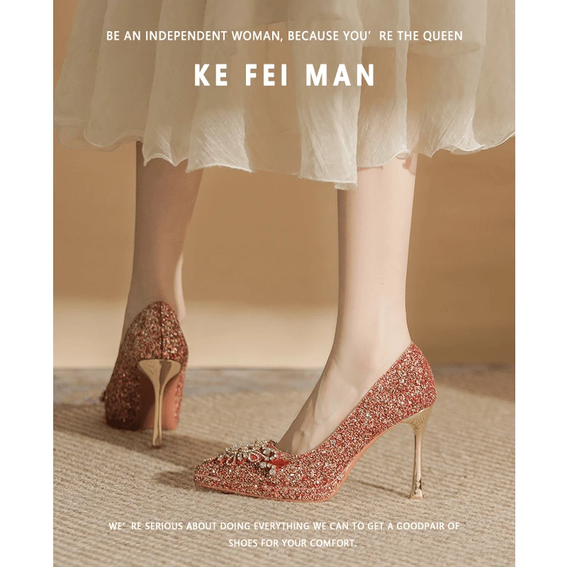 新款百搭闪钻秀禾婚鞋女小个子防水台高跟鞋不累脚新娘鞋酒红色