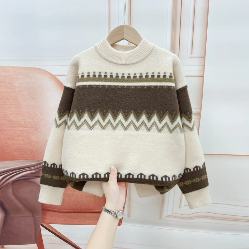 中大童圆领休闲针织毛衣秋冬季新款加厚男女童套头百搭加厚打底衫