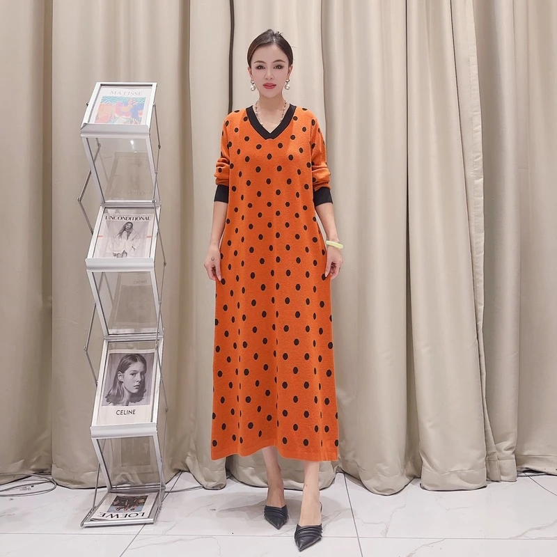 5472橙色波点气质条纹设计师秋冬长款提花轻奢针织连衣裙