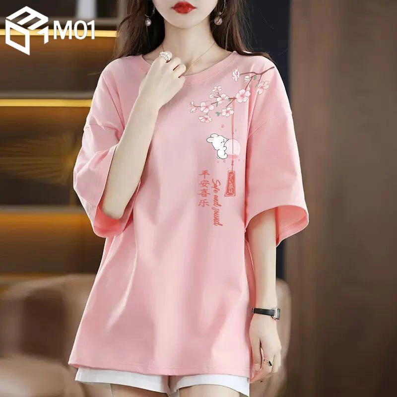 M01纯棉2025夏季新款粉色美式复古短袖t恤女欧货宽松大版上衣ins