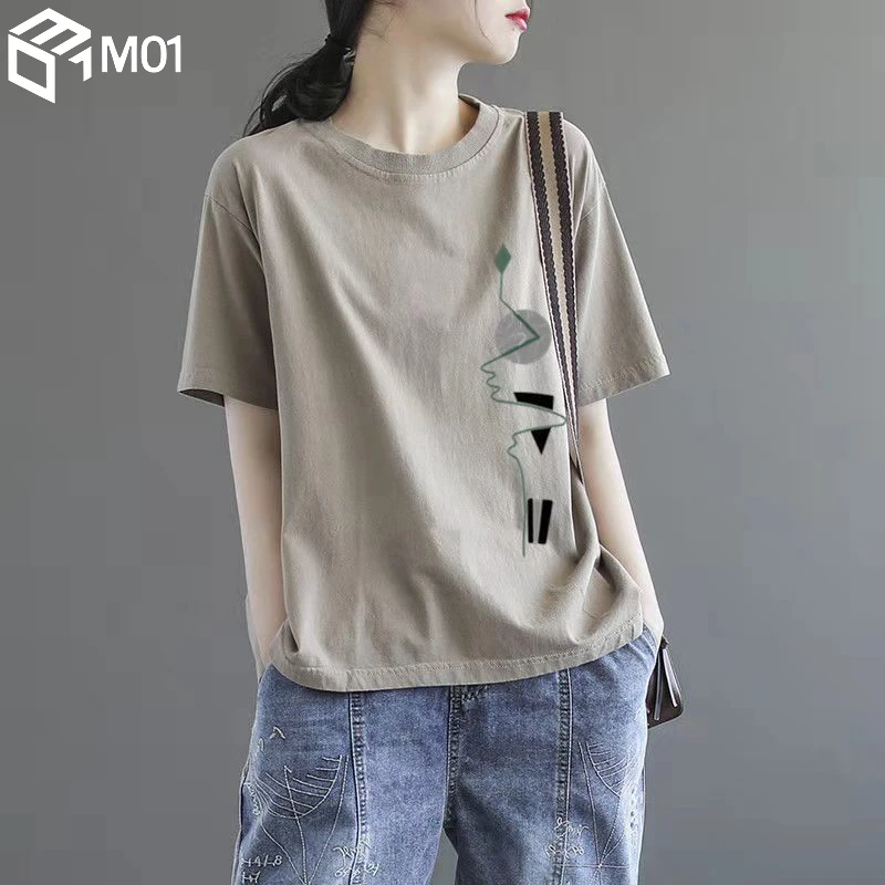 M01纯棉短袖t恤女2025年新款夏季宽松大码体恤休闲打底上衣t桖潮