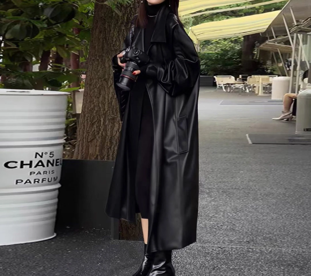 秋冬加绒加厚休闲皮质风衣外套女长款宽松显瘦皮衣过膝大衣