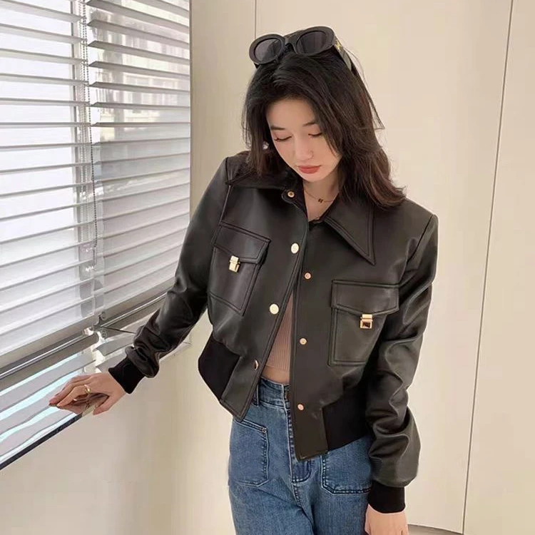 2025春秋季新款黑色短款皮衣外套女炸街高级感宽松PU机车款夹克衫