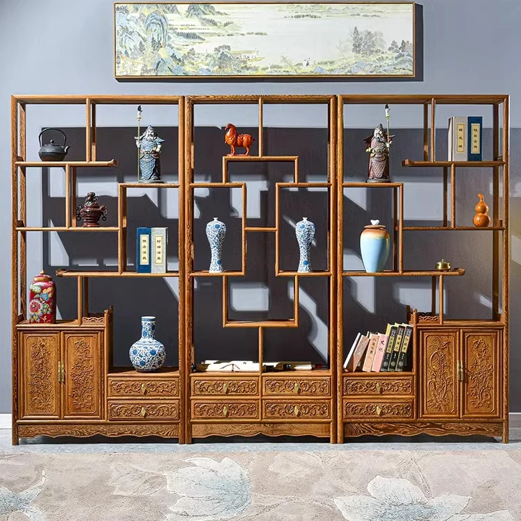 红木家具鸡翅木博古架三件套多宝阁实木中式古董架置物架隔断架