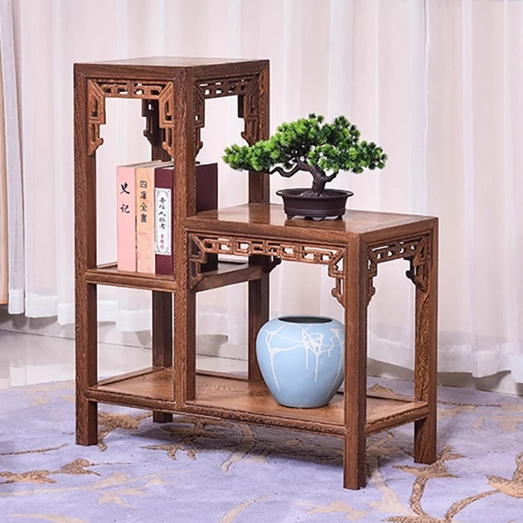 红木家具实木客厅边几花架鸡翅木盆景架中式双层花盆架多层置物架