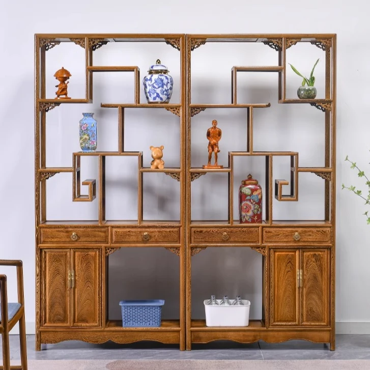 红木家具鸡翅木博古架实木中式古董架客厅多宝阁玄关隔断置物架子