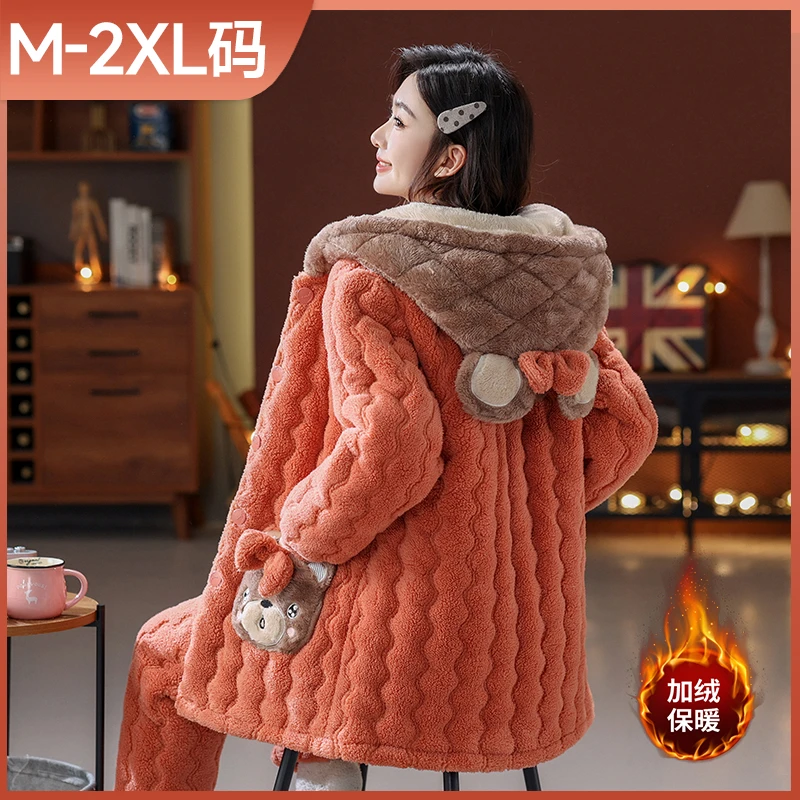 秋冬新款珊瑚绒睡衣女加绒加厚爆款2025三层夹棉家居服法兰绒套装