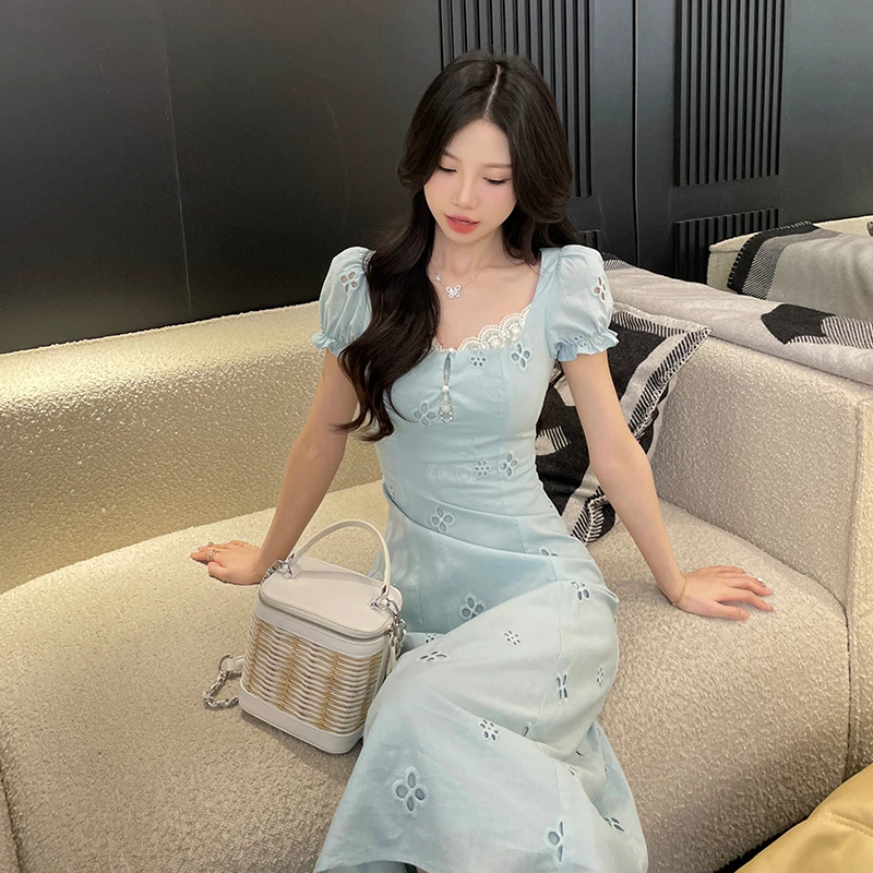 3131蓝色短袖连衣裙子女装夏季2024年设计感收腰显瘦气质法式长裙