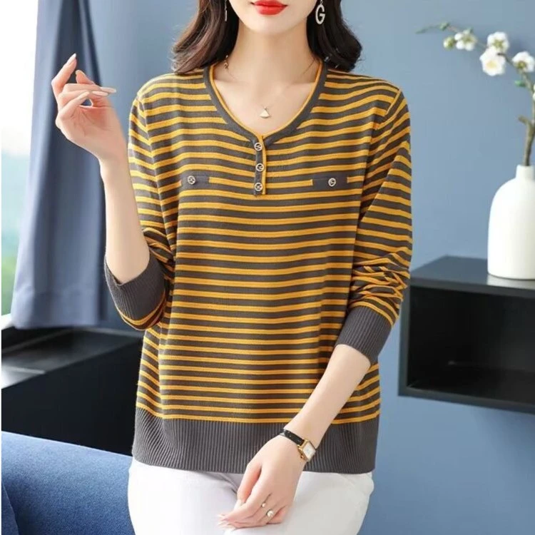【专柜正品】小扣V领套头条纹衫春秋长袖T恤打底衫时尚百搭开衫秋装