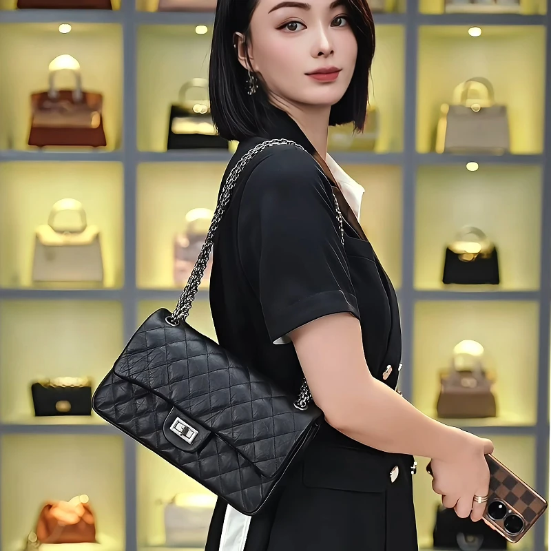 【爆裂纹CF】新款真皮小方包日常百搭链条单肩斜挎腋下包菱格包