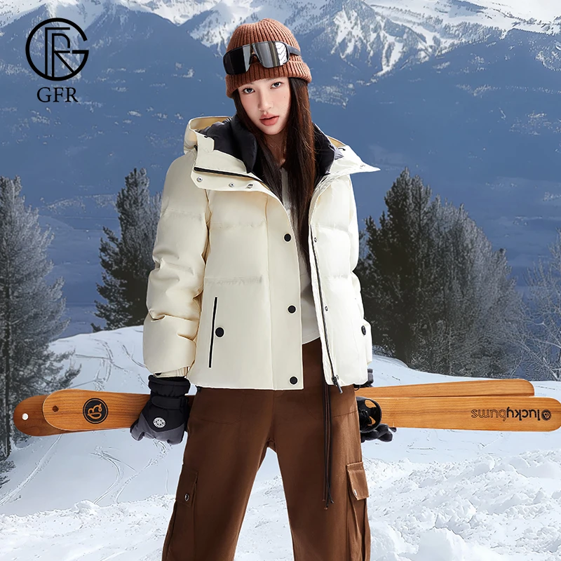 户外百搭保暖防水防风连帽立领短款外套羽绒服女2025新款冬季上衣