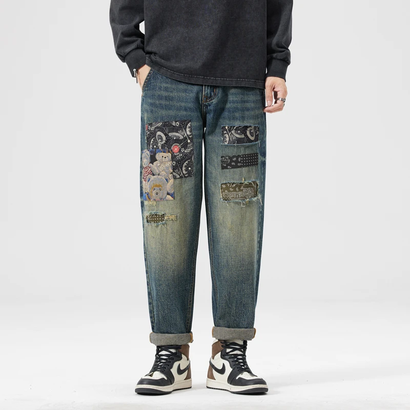 潮牌欧美街头牛仔裤男破洞补丁撞色贴布复古乞丐个性潮流新款男裤