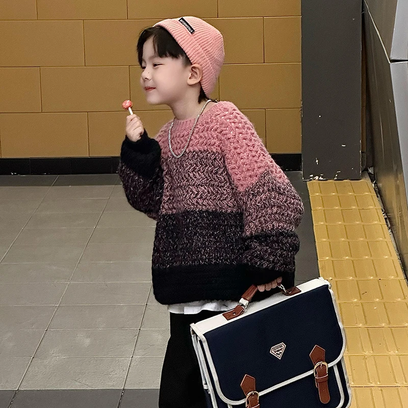 Jimmy妈童品【软软糯糯】秋冬新款儿童圆领宽松渐变针织毛衣上衣