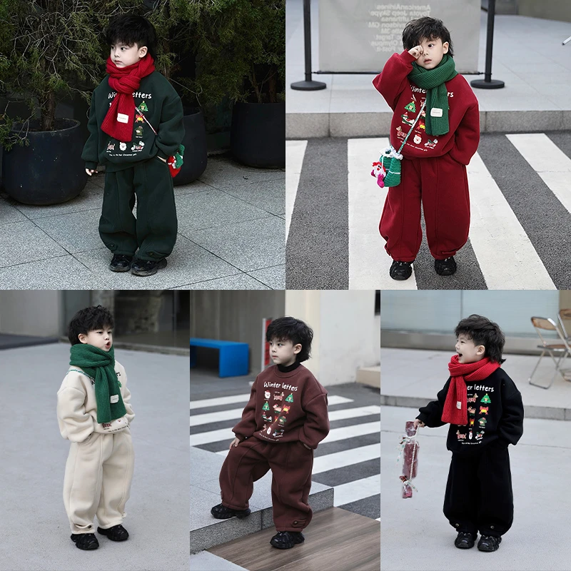 Jimmy妈童装【圣诞限定】冬季新款儿童加绒加厚印花休闲运动套装