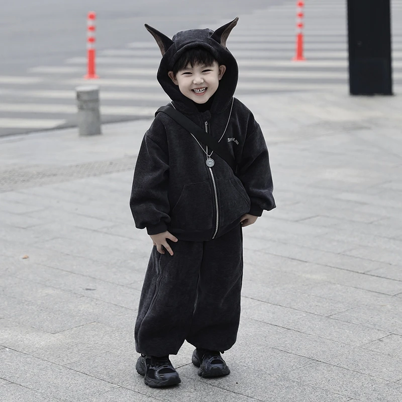 Jimmy妈童装 卡通狗狗 冬季新款加绒加厚立体耳朵外套休闲裤套装