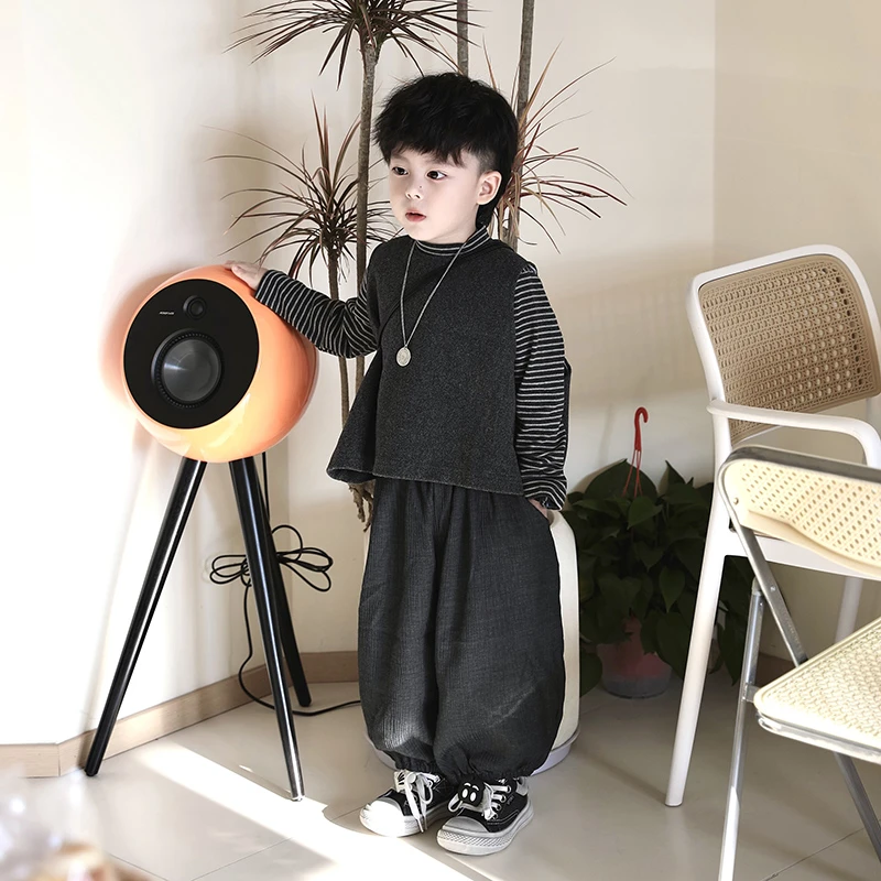 Jimmy妈童装 韩里韩气 秋季新款儿童条纹打底衫马甲灯笼裤三件套