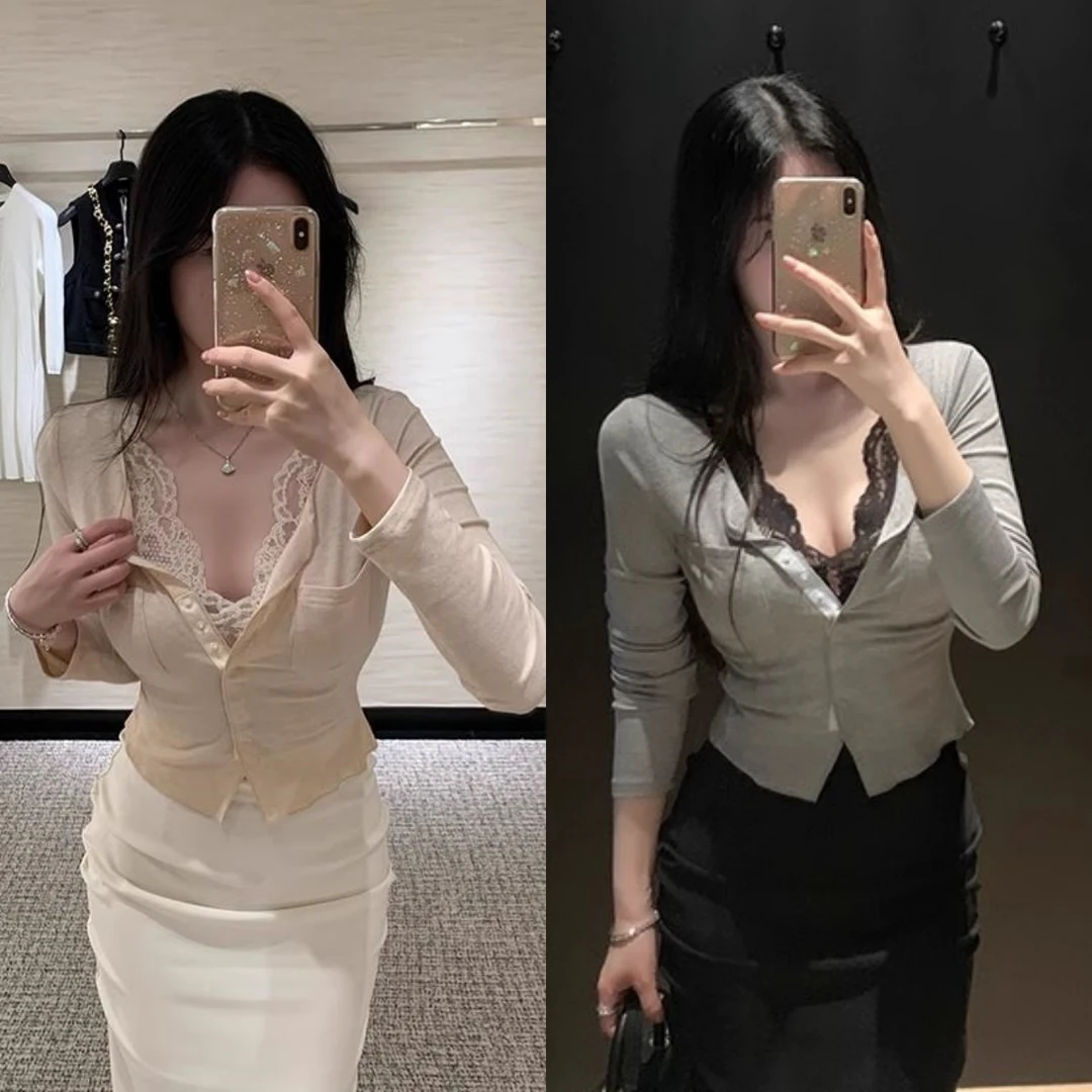 韩版假两件蕾丝收腰显瘦针织上衣女纯欲气质修身短款打底衫秋季