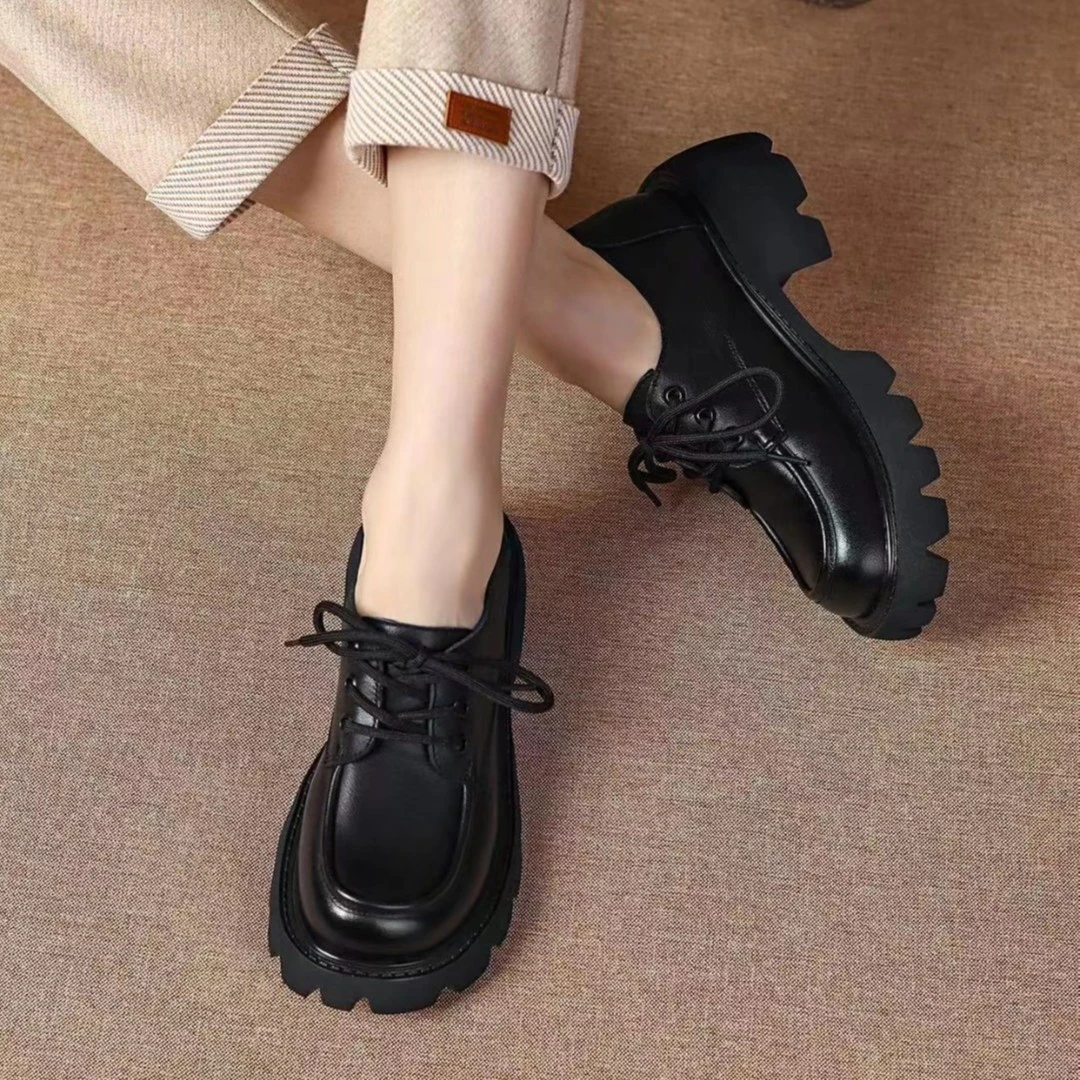 郡主家3032复古英伦风厚底系带粗跟百搭头层牛皮单鞋圆头纯色真皮