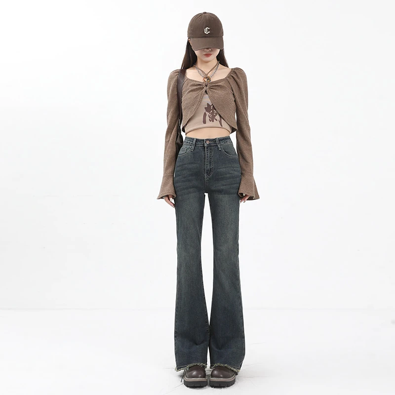 水泥灰复古微喇牛仔裤女显瘦2024年新款秋季美式毛边拖地喇叭裤子