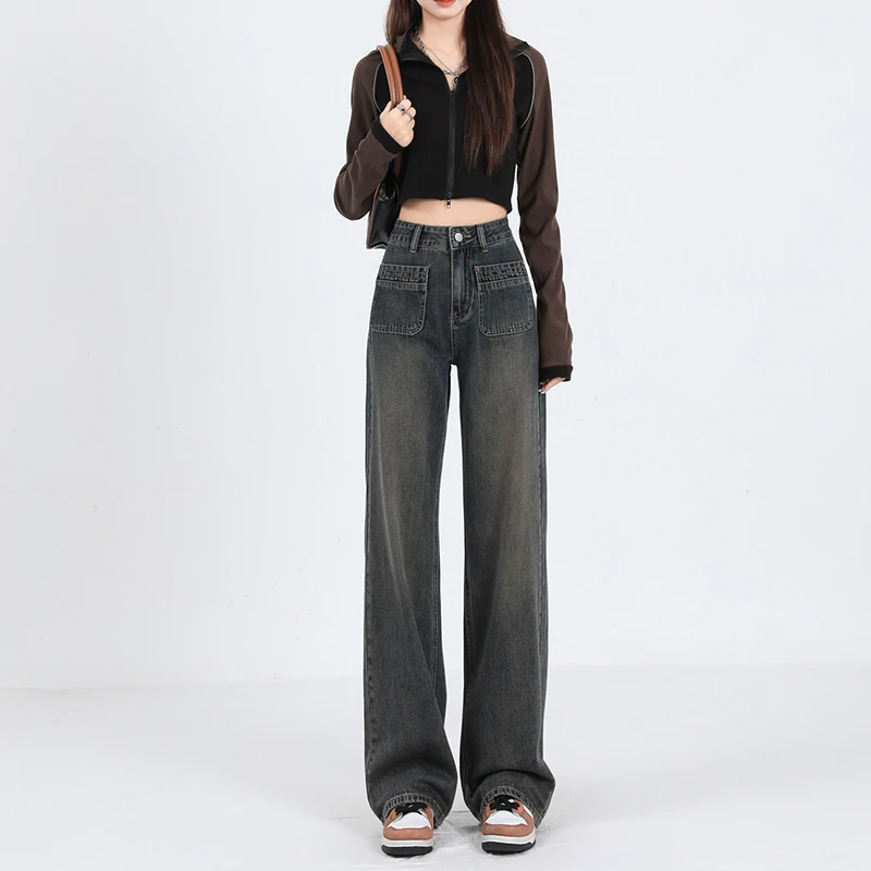 水泥灰阔腿牛仔裤女2024春季高腰显瘦直筒宽松垂感拖地长裤子春秋