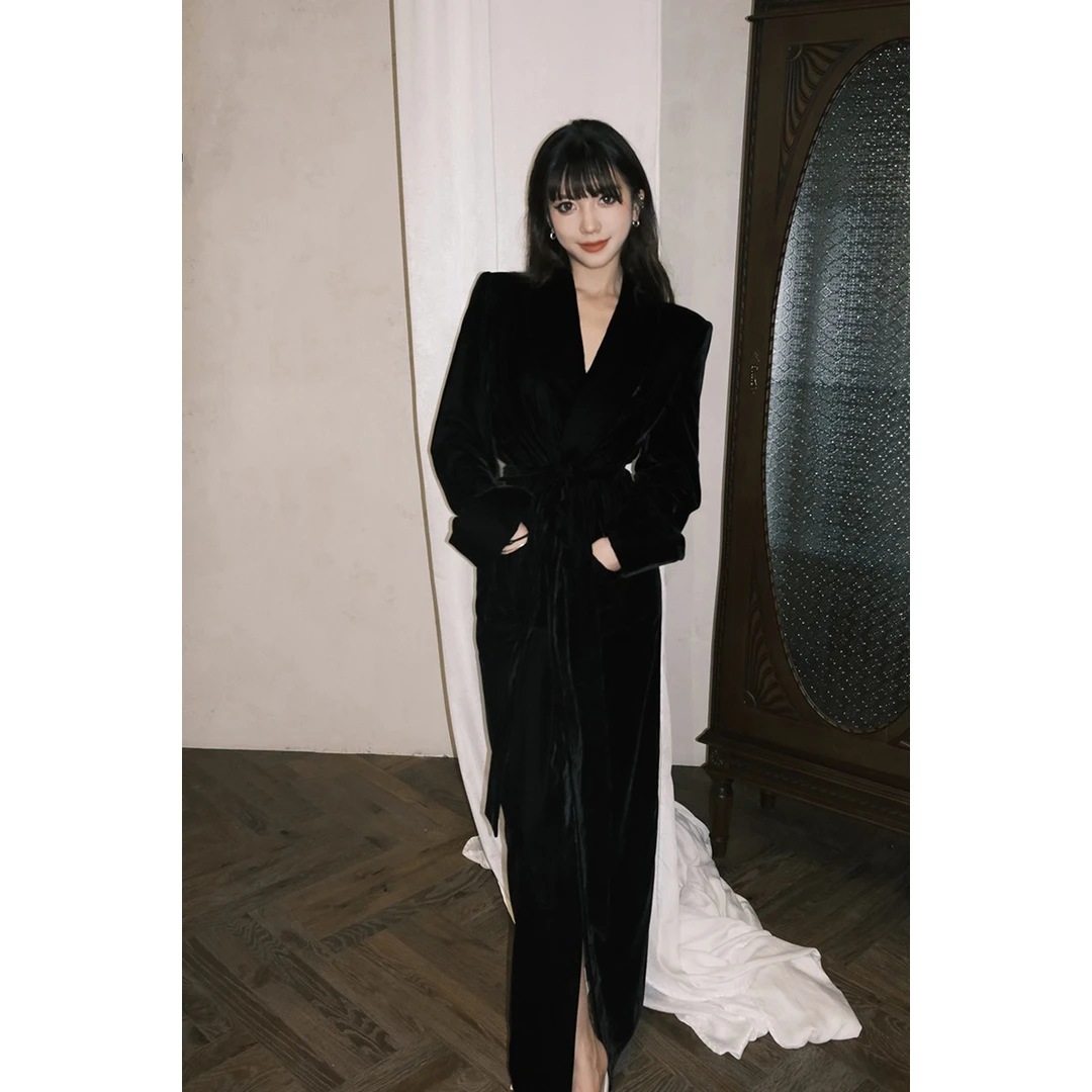 avenement/丝绒大衣/重磅高定v领气质修身高级感长款风衣外套女