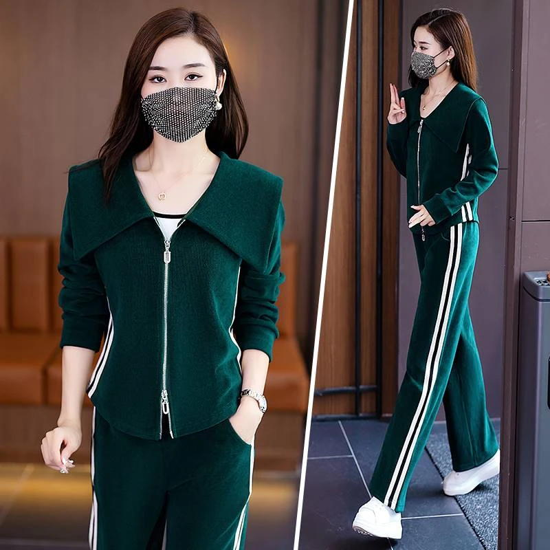 运动服套装女春秋2023新款小个子时尚韩系卫衣洋气翻领休闲两件套