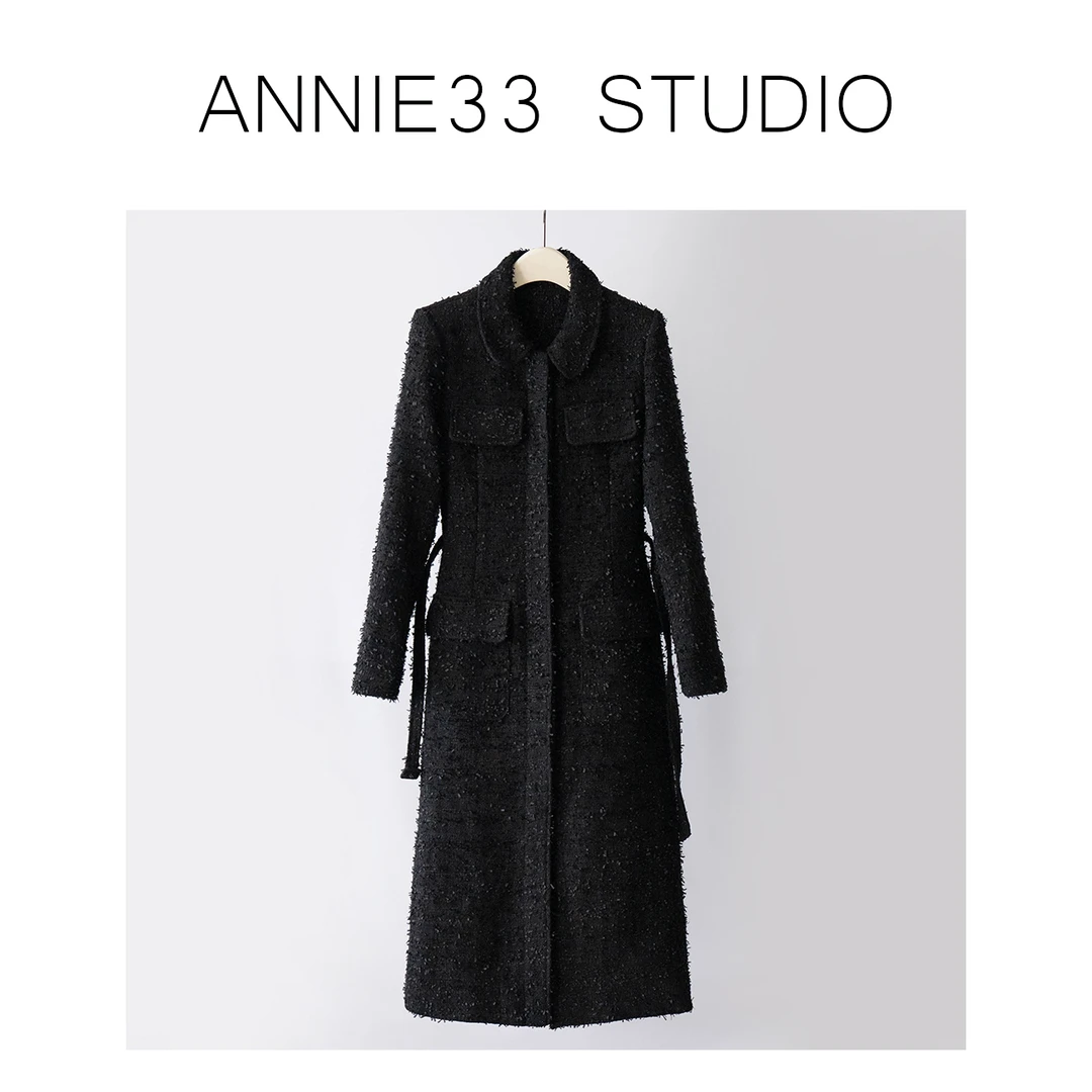 ^33^【财阀长外套】黑金裙子毛呢连衣裙小香风气质1108c065