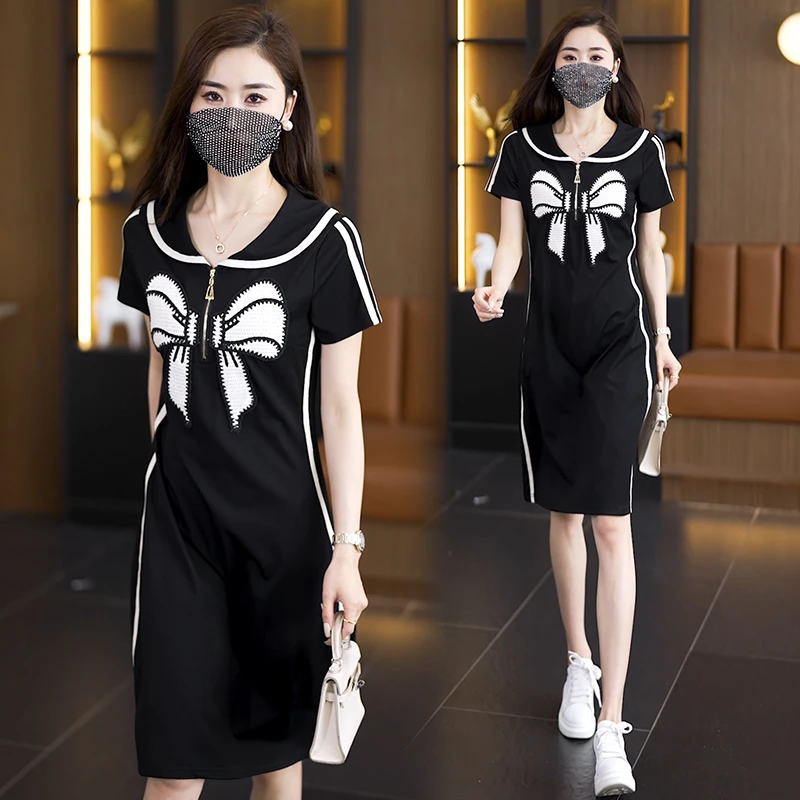 海军娃娃领连衣裙女夏季2024新款刺绣蝴蝶结小个子黑色赫本风裙子