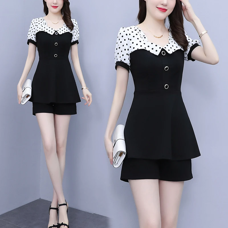 大码女装2024年显瘦胖mm气质波点拼接上衣短裤两件套洋气时尚套装