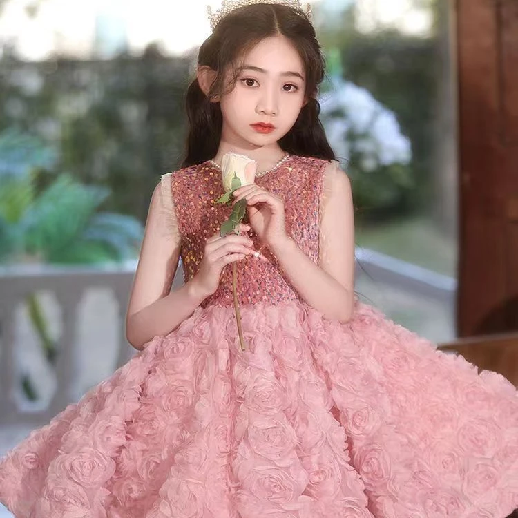 六一儿童节主持人礼服粉色女童小众轻奢高端花童生日公主蓬蓬裙短