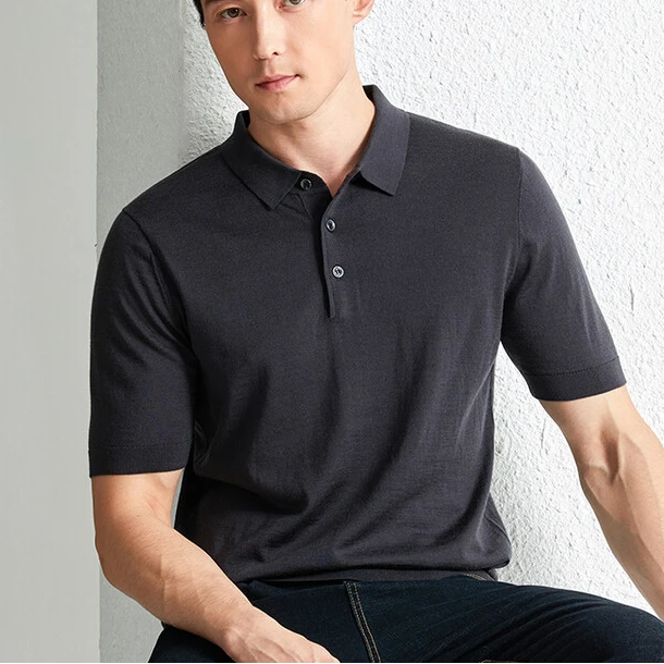 男士100%精纺羊毛春夏针织时尚商务翻领透气百搭休闲polo短袖