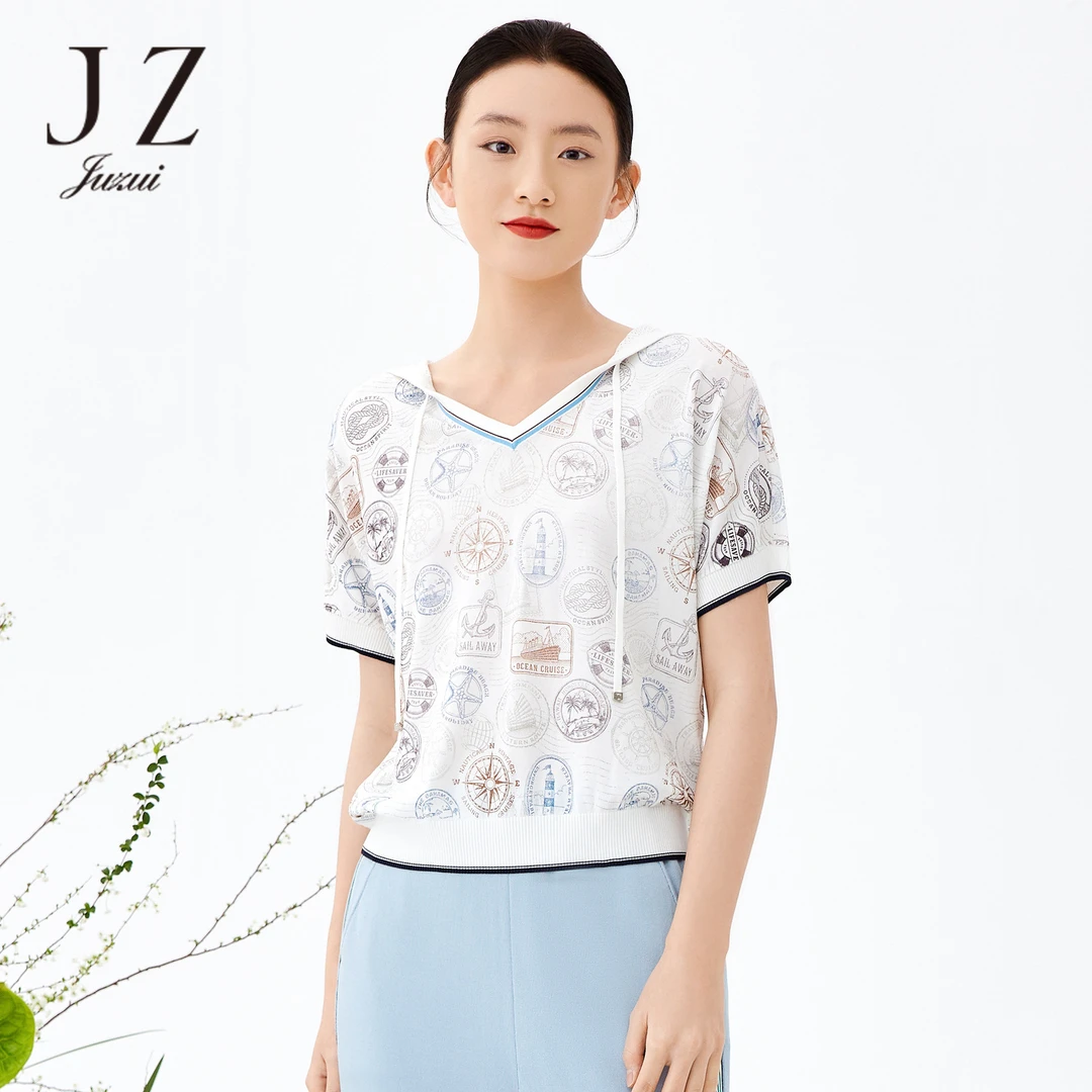 JZ玖姿-JWCX31235商场同款单上衣女夏季新款轻松感印花针织衫镂空