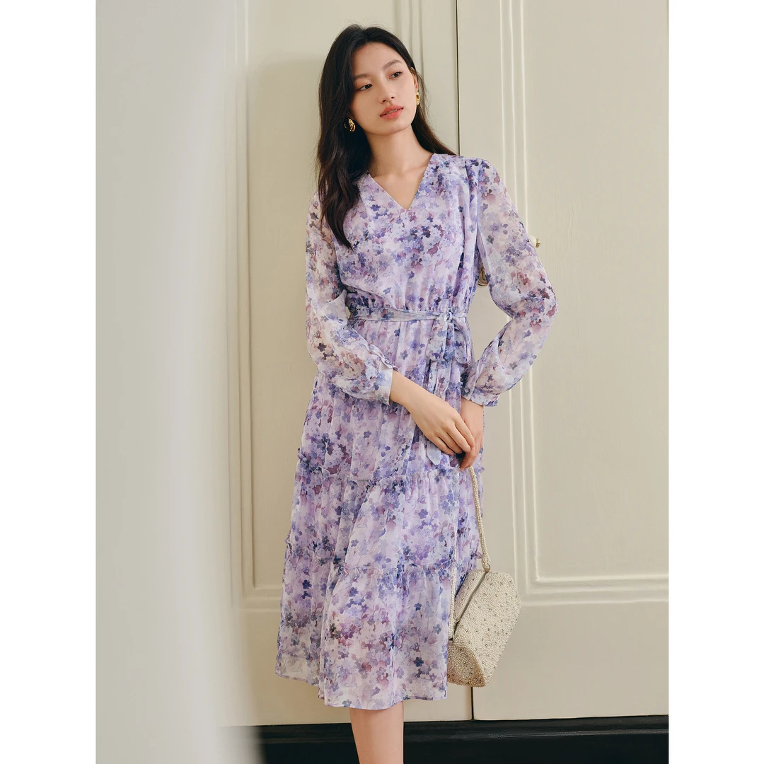 【草木系列】玖姿安娜蔻JTEC50042雪纺印花木耳边收腰连衣裙女