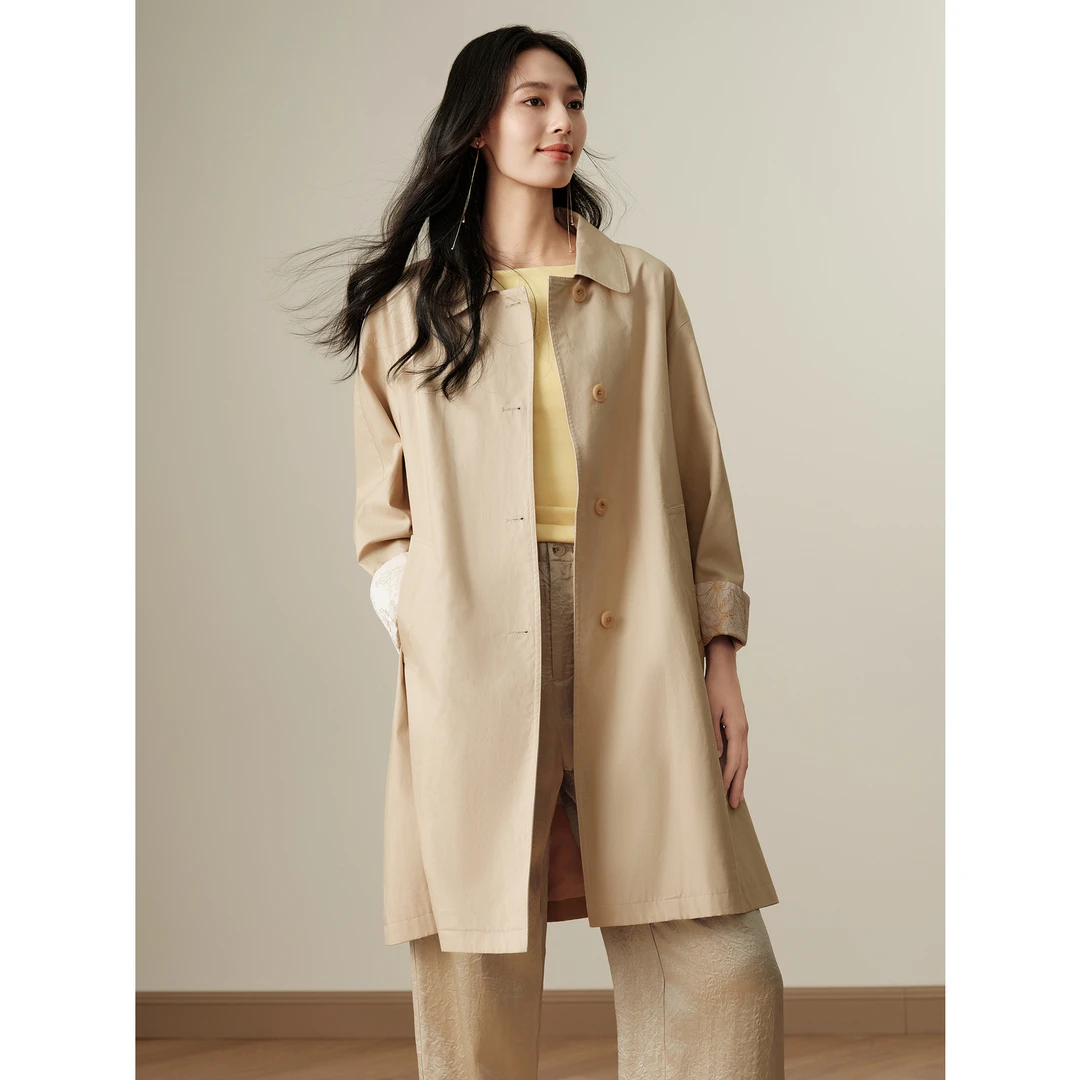 玖姿安娜蔻JTEQ412049简约复古文艺纽扣翻领多色风衣女新