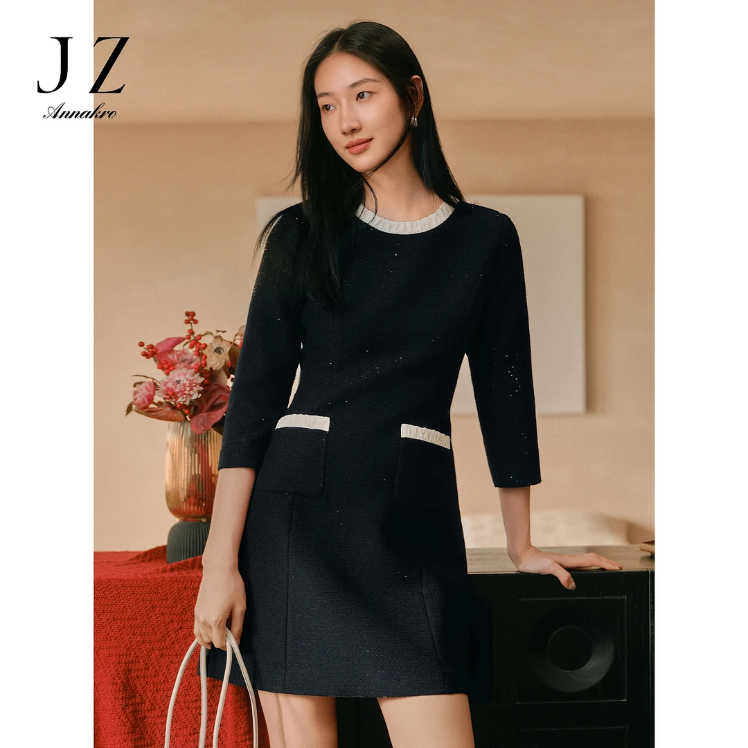 玖姿安娜蔻KWFC50003法式轻奢小香风珠片小黑裙连衣裙女