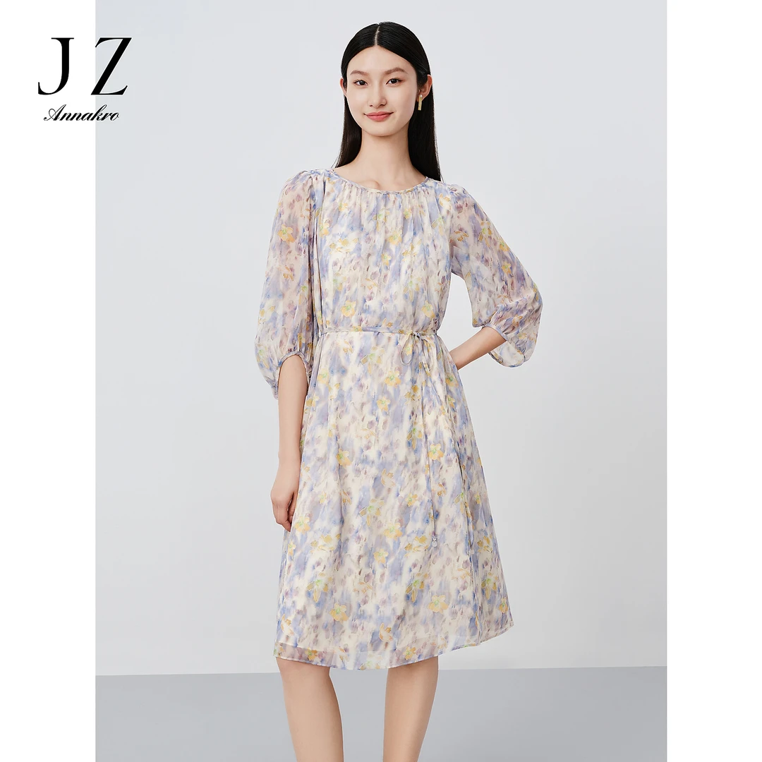 玖姿安娜蔻JTEX50109晕染花印花圆领轻薄收腰连衣裙女2024夏季新
