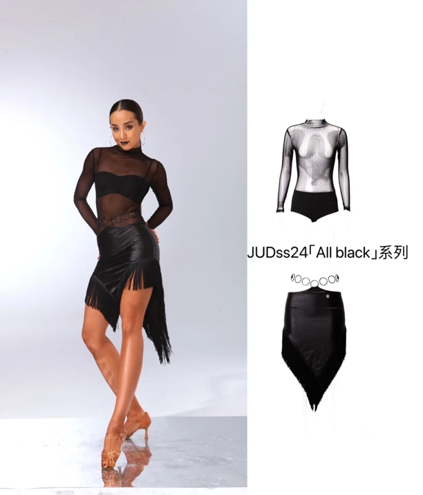 JUD【All black】拉丁练功服女圆环个性三角仿皮高级流苏半裙014
