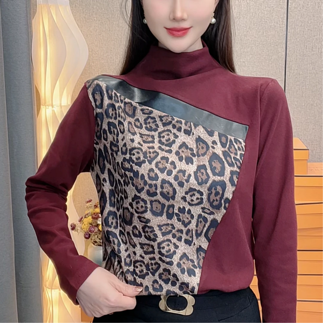 拼接豹纹-2024年秋冬新款时尚洋气百搭半高领小衫上衣衬衫打底衫