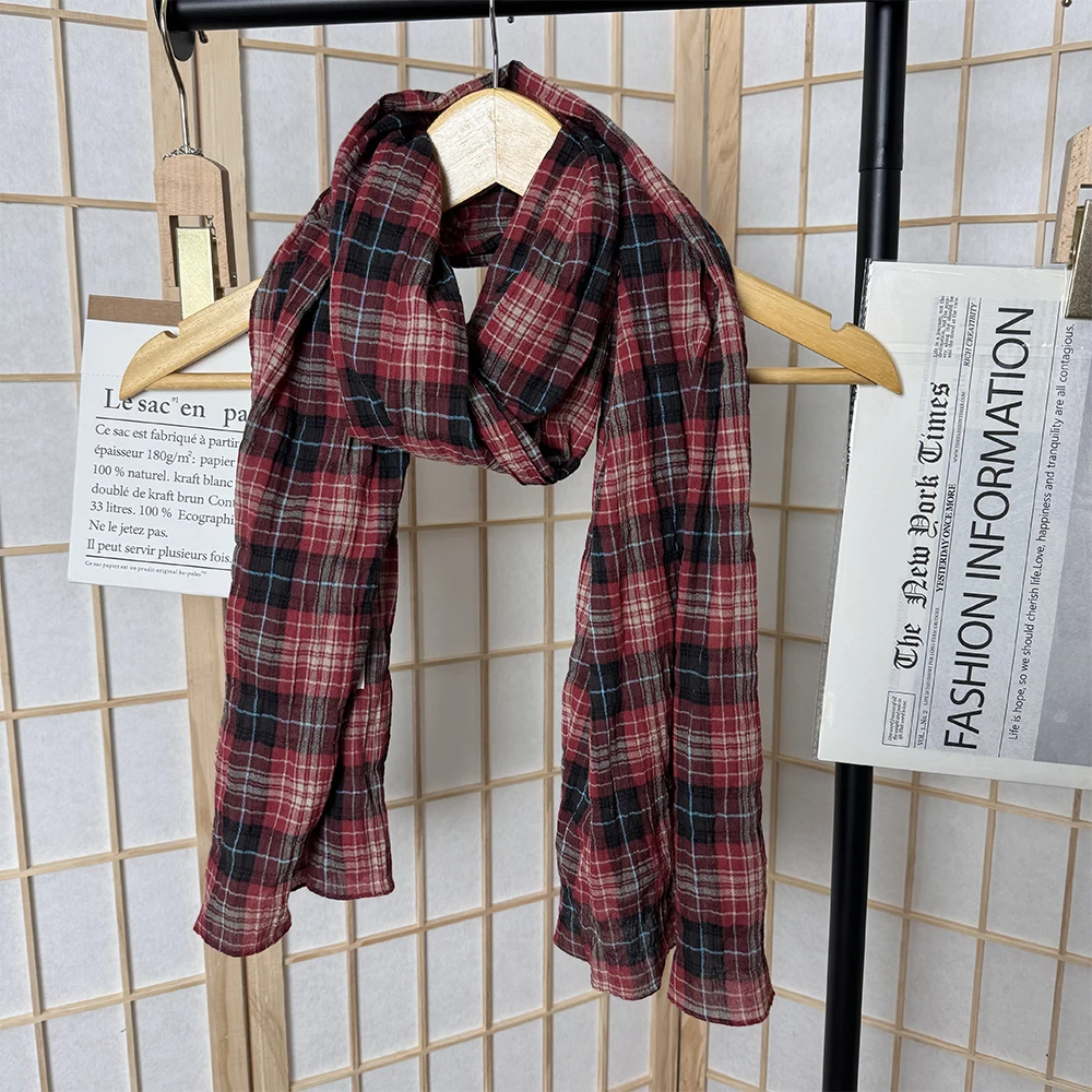 全棉格子！文艺复古格子围巾秋冬季日系百搭护颈细长小丝巾女