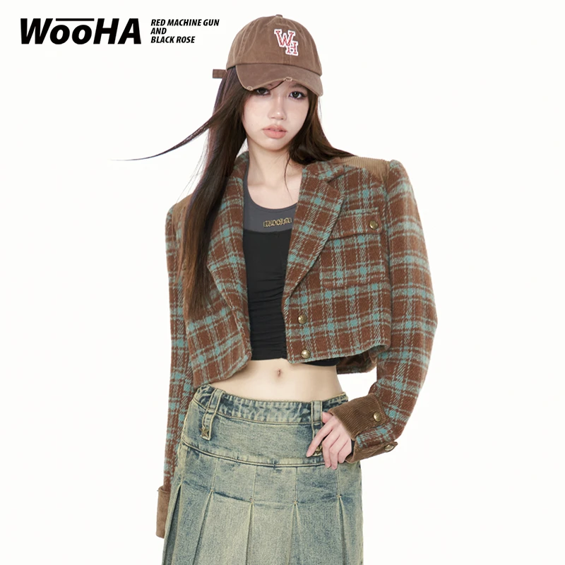 【粉丝福利】WooHa/吾哈新款秋日美拉德复古短款格纹毛呢夹克外套