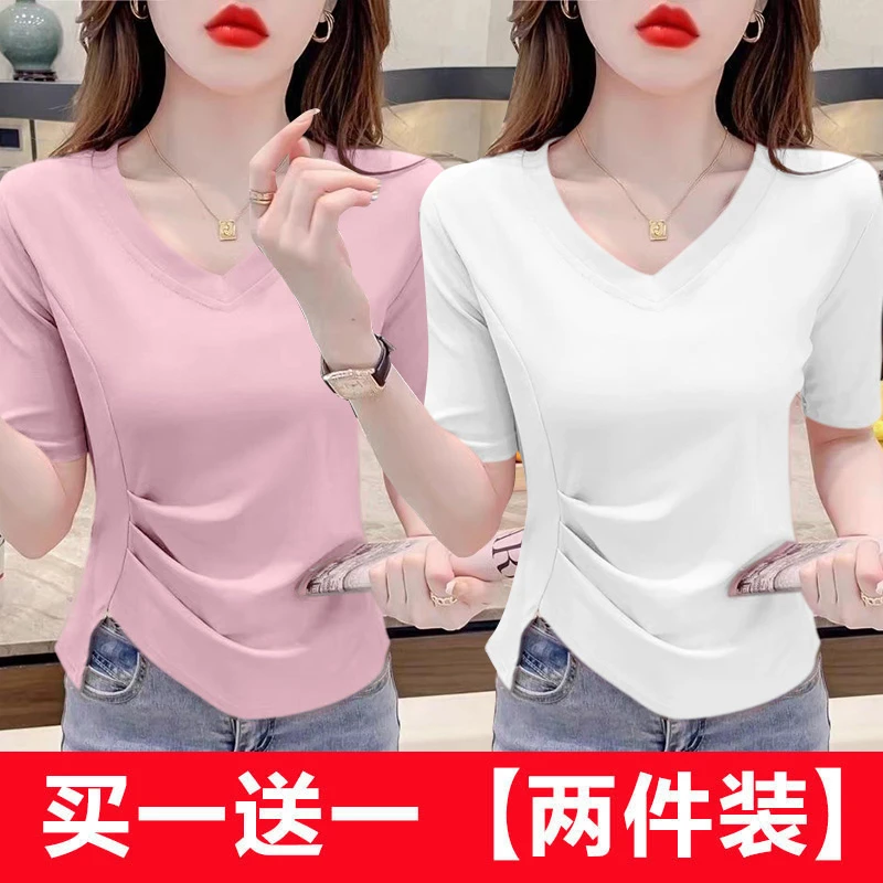 单/两件2024新款不规则开叉小衫褶皱遮肉设计感上衣v领短袖T恤女